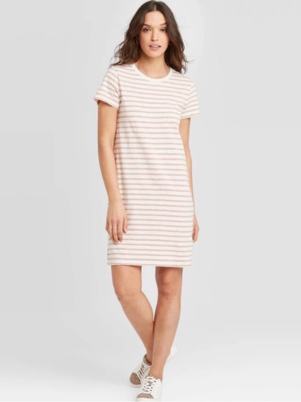 Universal Thread Tan Striped Short Sleeve T-Shirt Dress Size Large